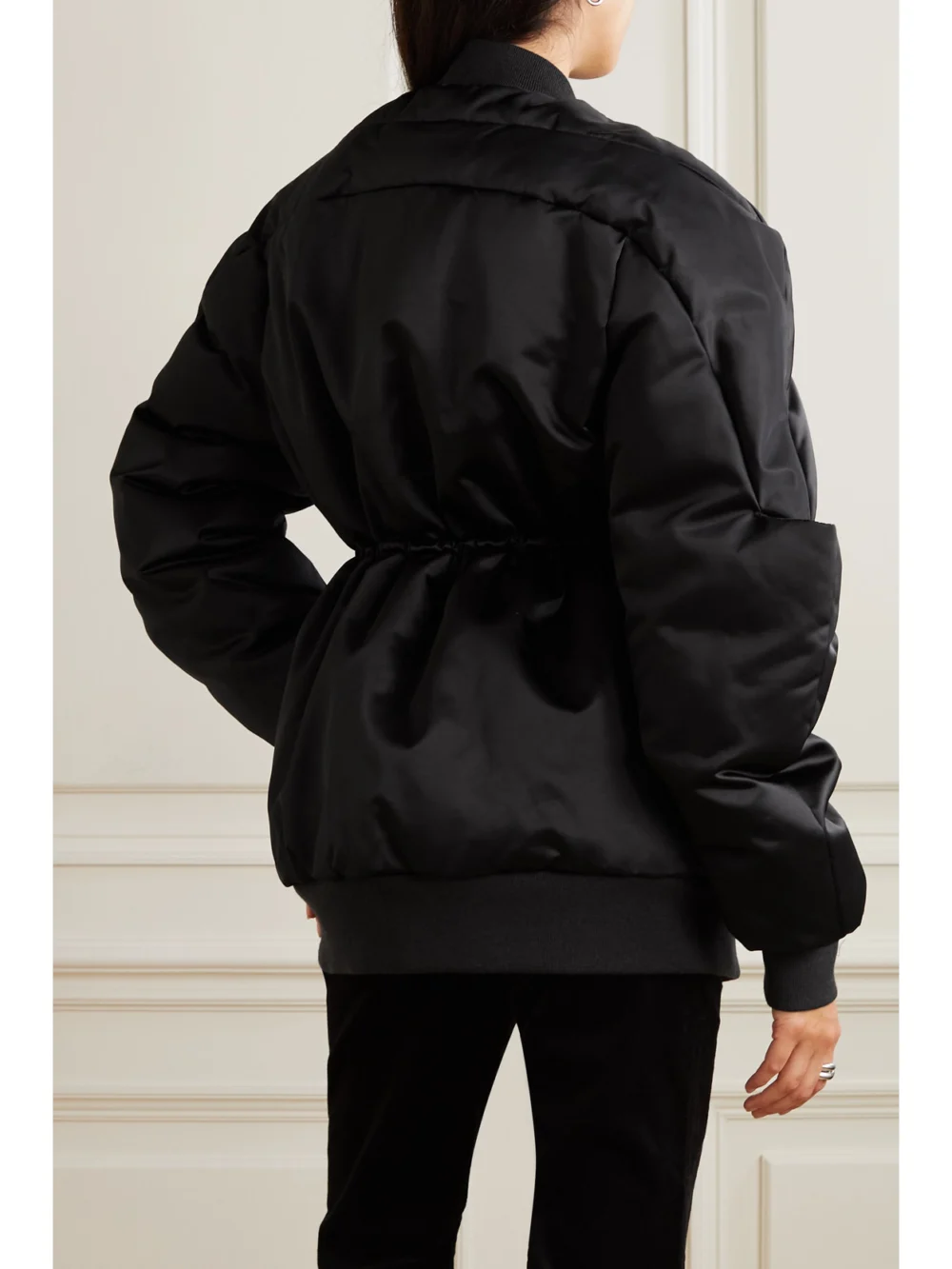 Back view of the Rick Owens Tie-detailed Wool-trimmed Quilted Shell Down Bomber Jacket