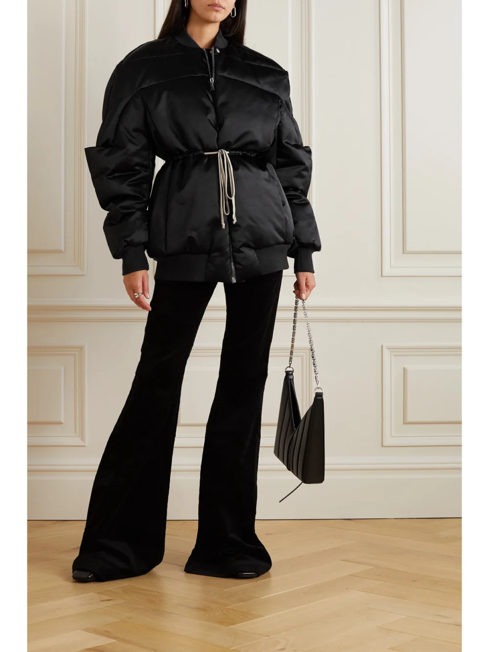 Rick Owens Tie-detailed Wool-trimmed Quilted Shell Down Bomber Jacket, worn by a model