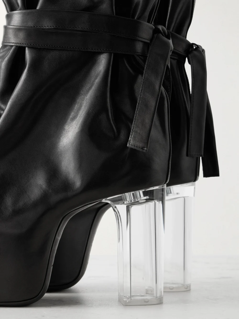 Close-up detail of the Rick Owens Tied Taco Kiss Leather Ankle Boots