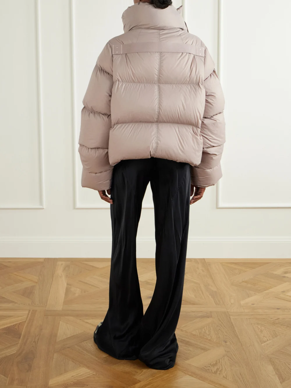 Back view of the Rick Owens Tower Cropped Shell Down Jacket