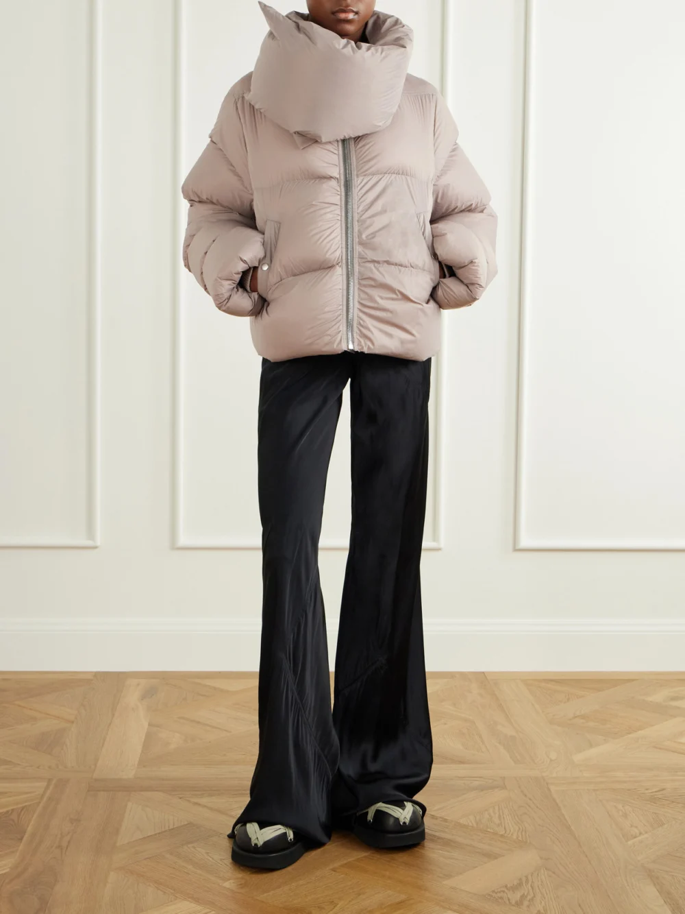 Rick Owens Tower Cropped Shell Down Jacket, worn by a model