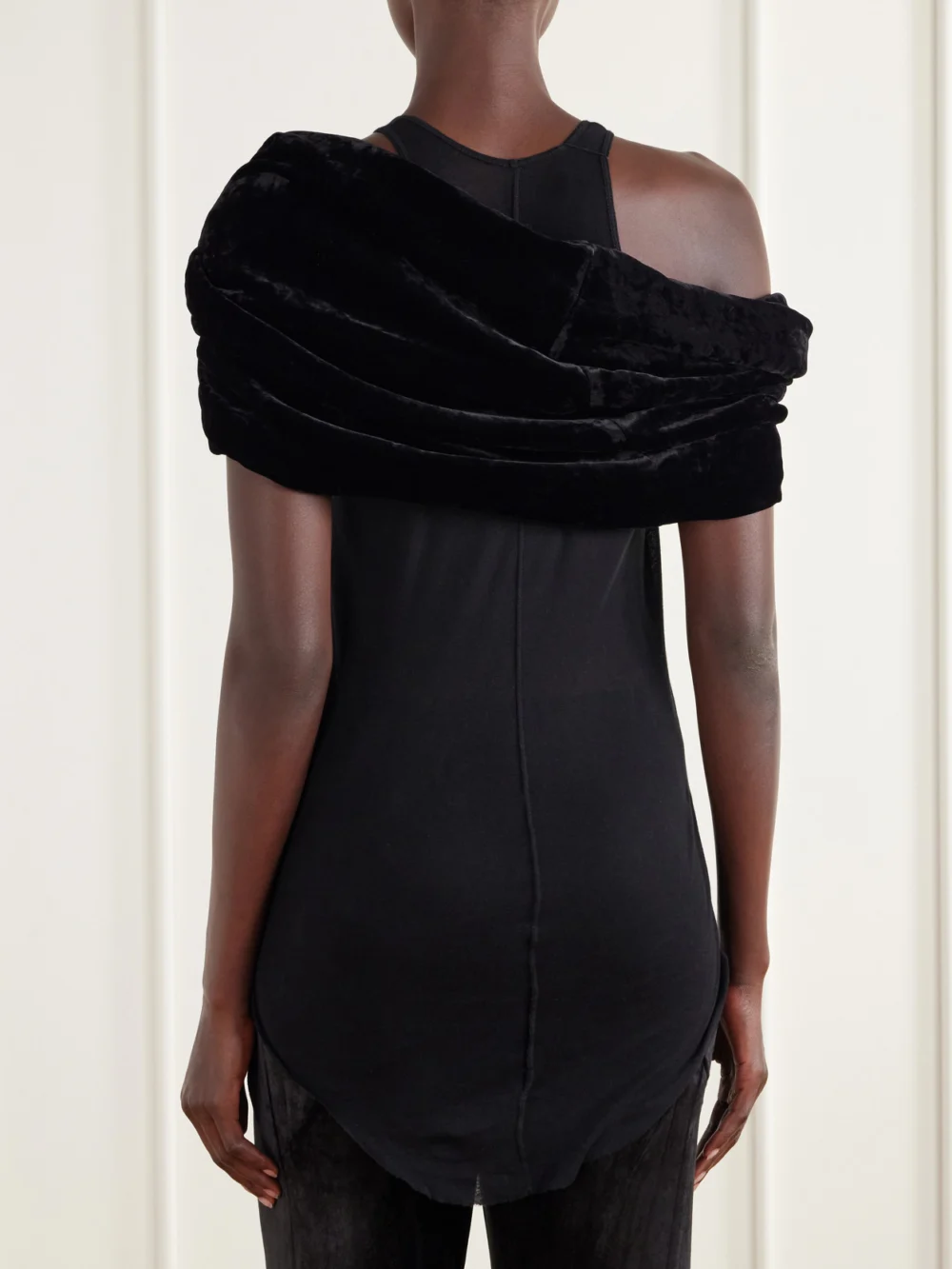 Back view of the Rick Owens Twist Donut Cropped Crushed Velvet Cape
