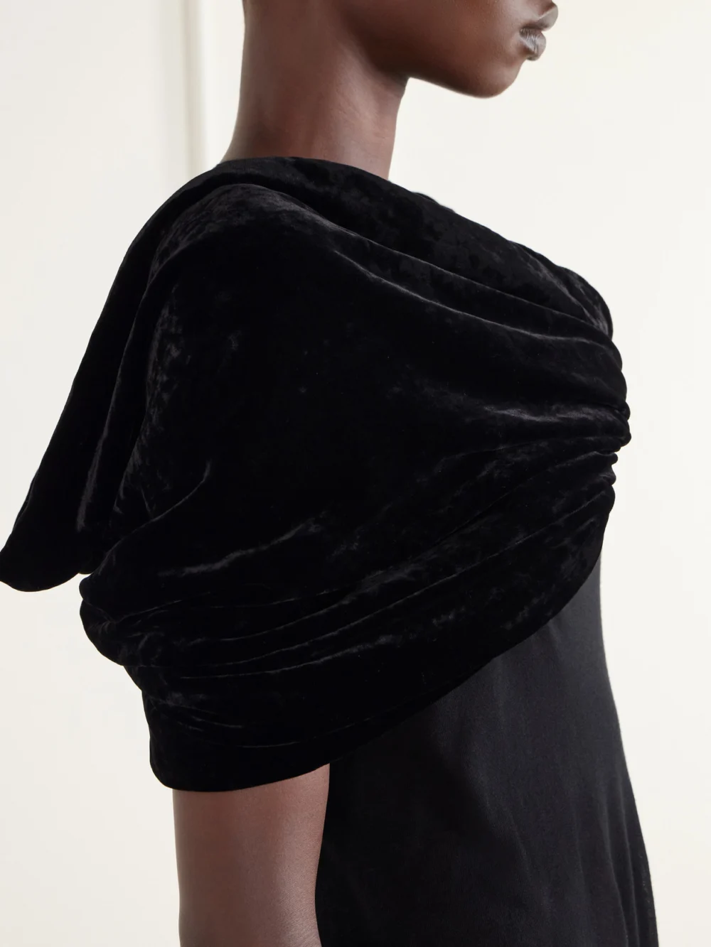 Close-up detail of the Rick Owens Twist Donut Cropped Crushed Velvet Cape