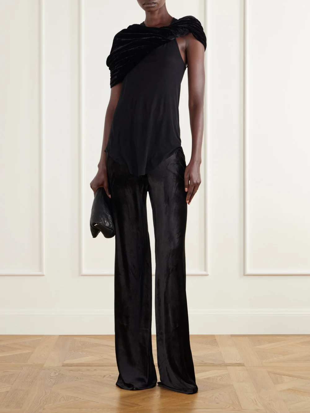 Rick Owens Twist Donut Cropped Crushed Velvet Cape, worn by a model