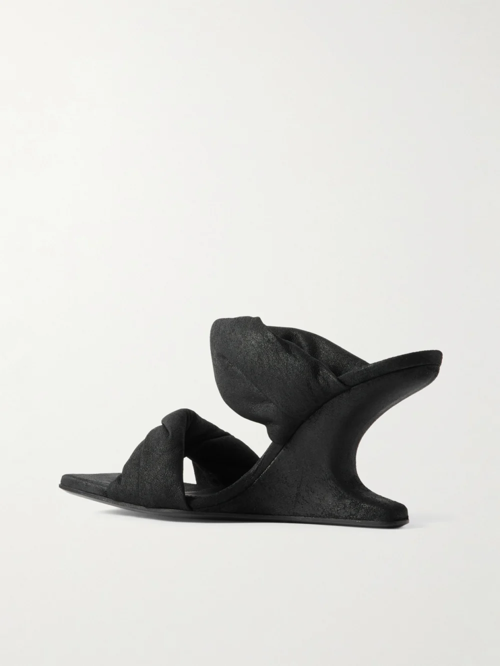 Back view of the Rick Owens Twisted Cantilever Suede Wedge Mules