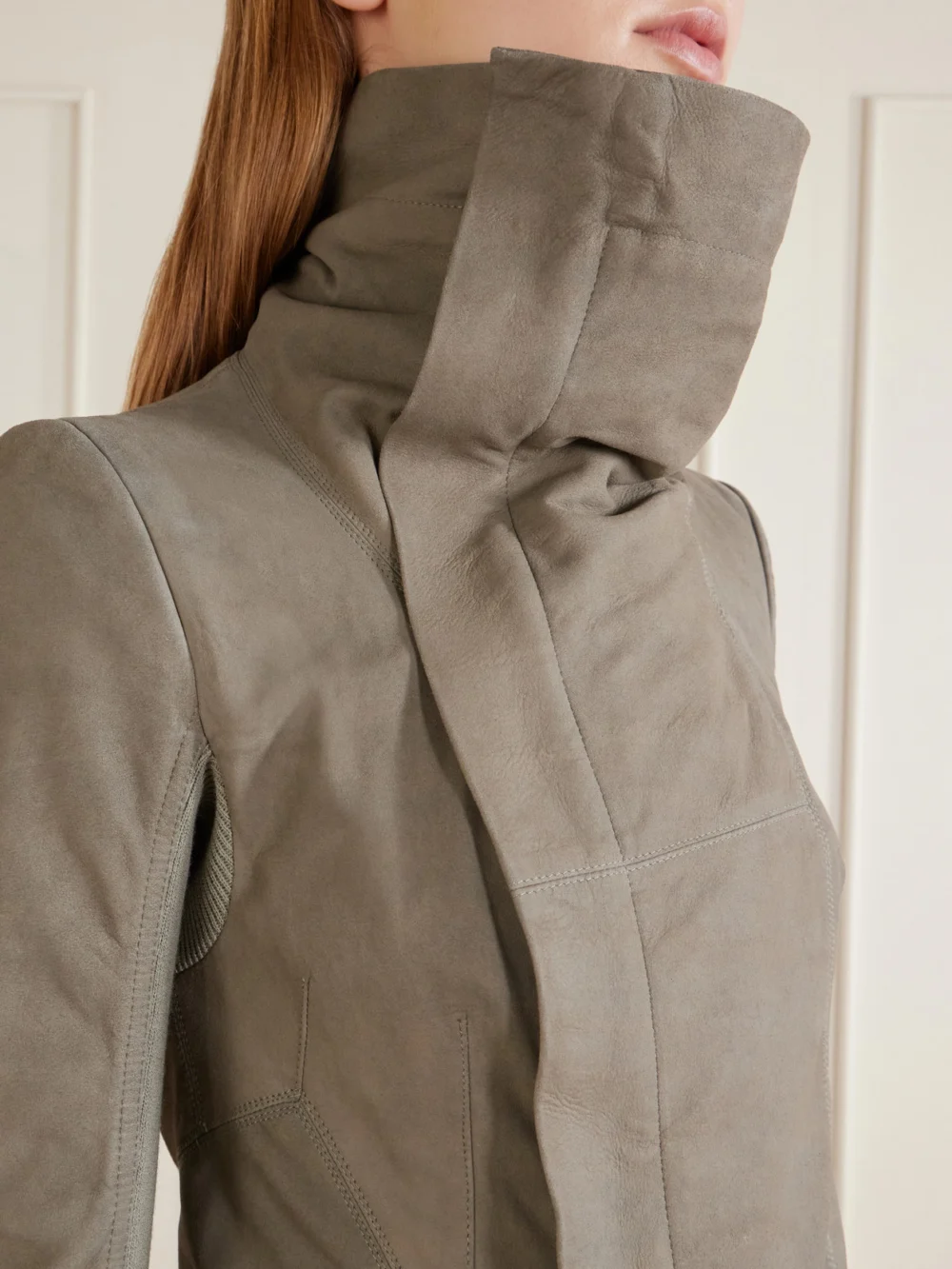 Close-up detail of the Rick Owens Virgin Wool-trimmed Suede Biker Jacket