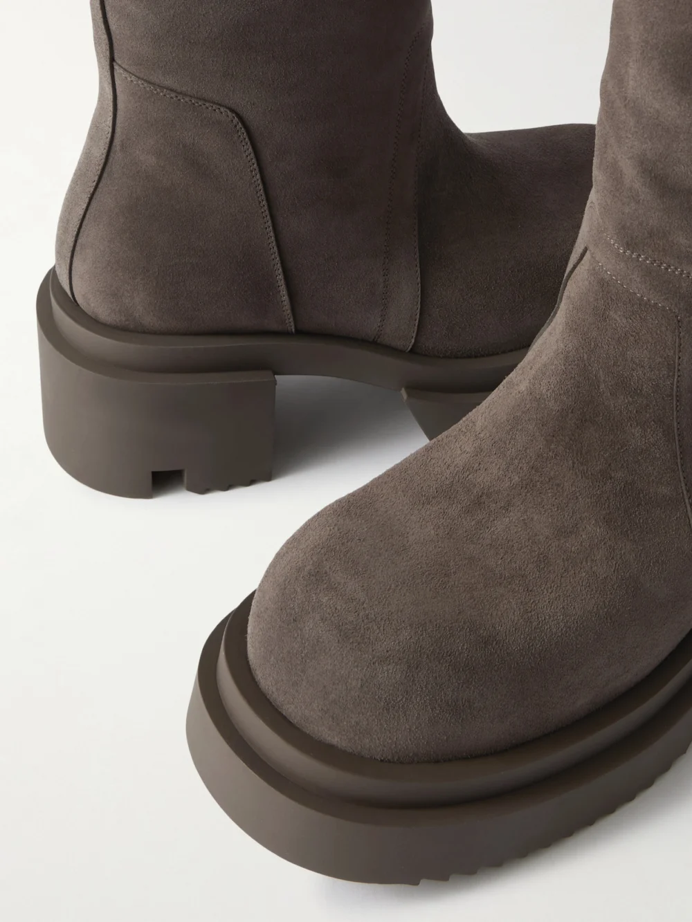 Close-up detail of the Rick Owens Wader Bogun Suede Over-the-knee Platform Boots