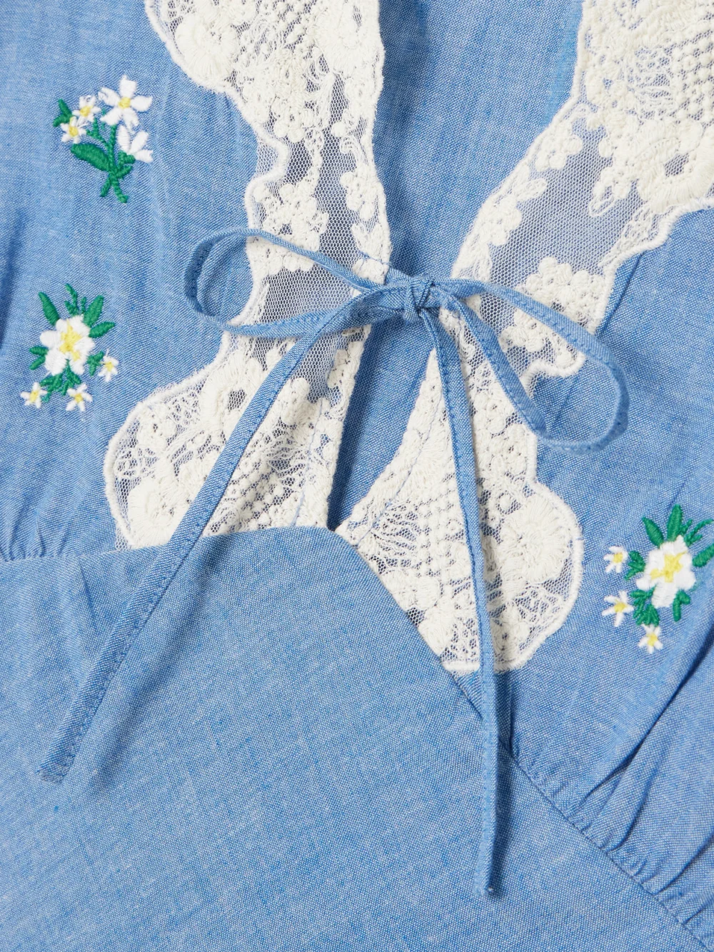 Close-up detail of the Rixo Amari Lace-trimmed Embroidered Cotton-chambray Midi Dress