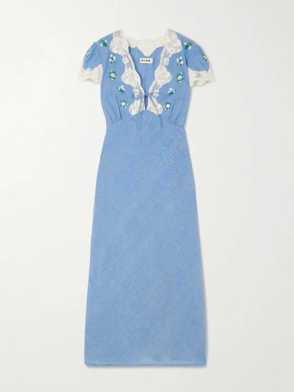 Rixo Amari Lace-trimmed Embroidered Cotton-chambray Midi Dress
