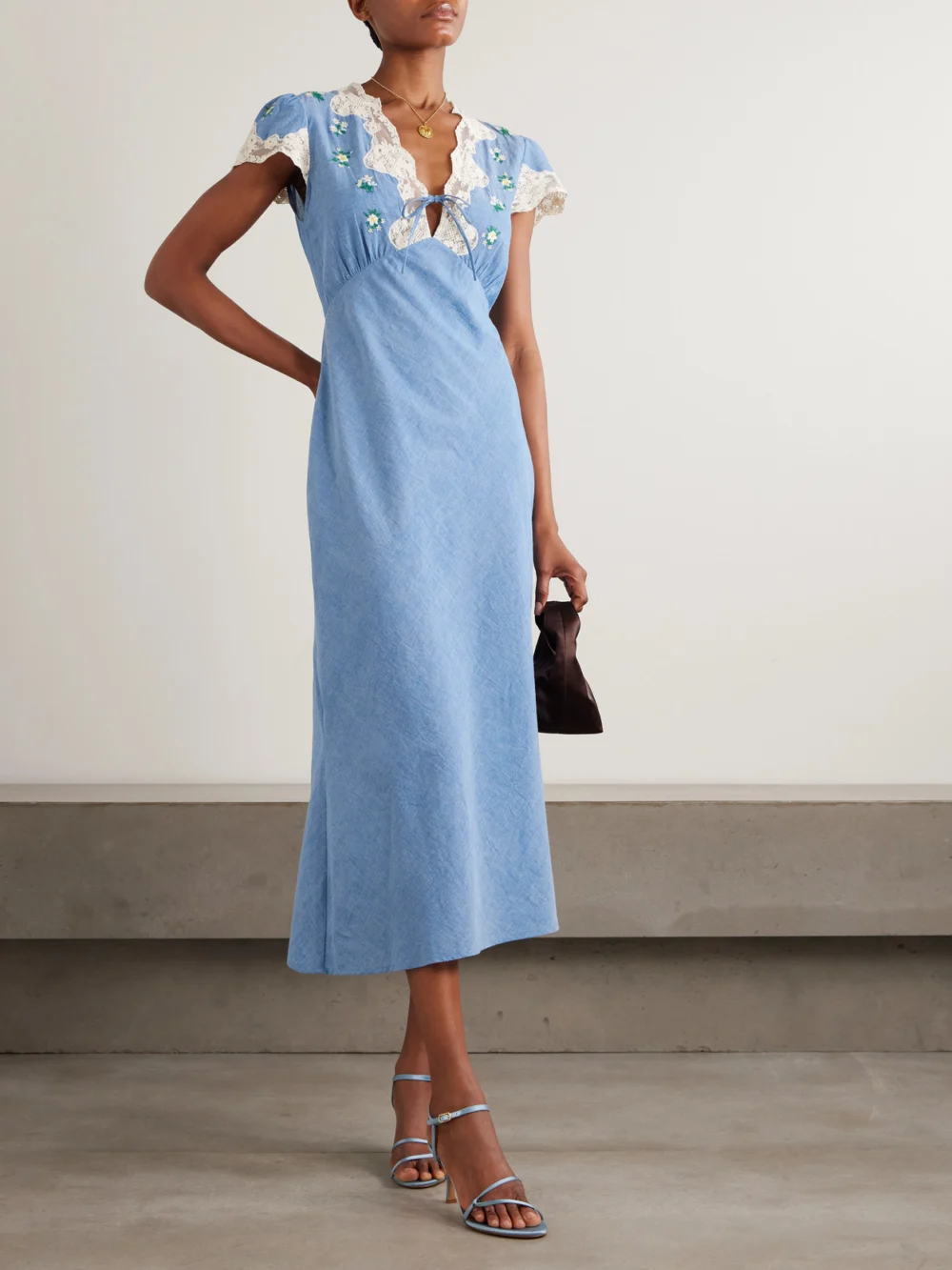 Rixo Amari Lace-trimmed Embroidered Cotton-chambray Midi Dress, worn by a model