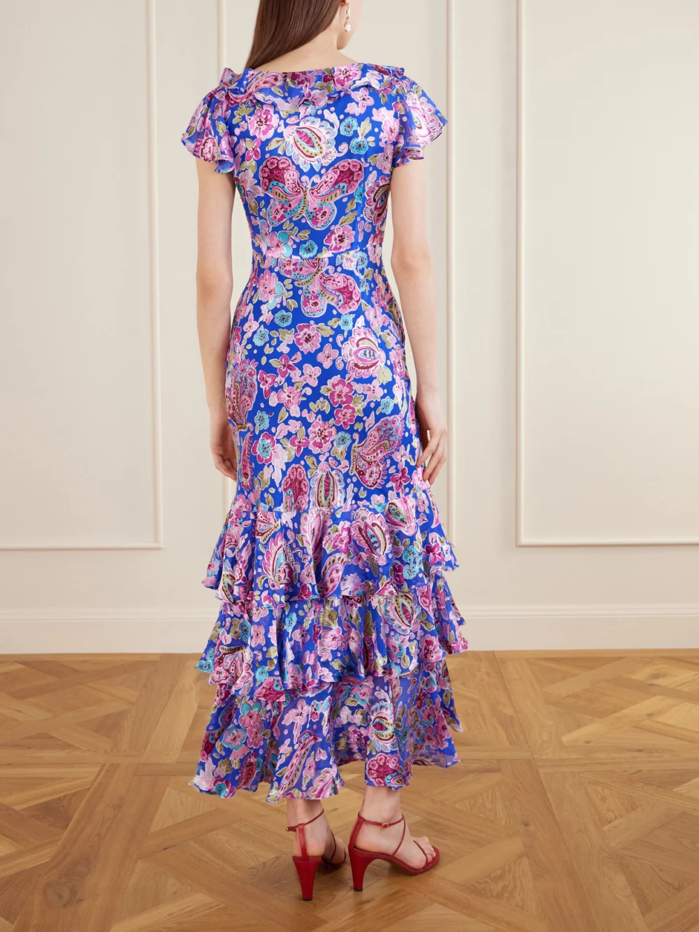 Back view of the Rixo Amelle Tiered Floral-print Devoré Maxi Dress