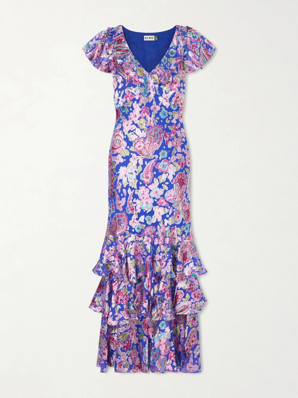 Rixo Amelle Tiered Floral-print Devoré Maxi Dress in blue