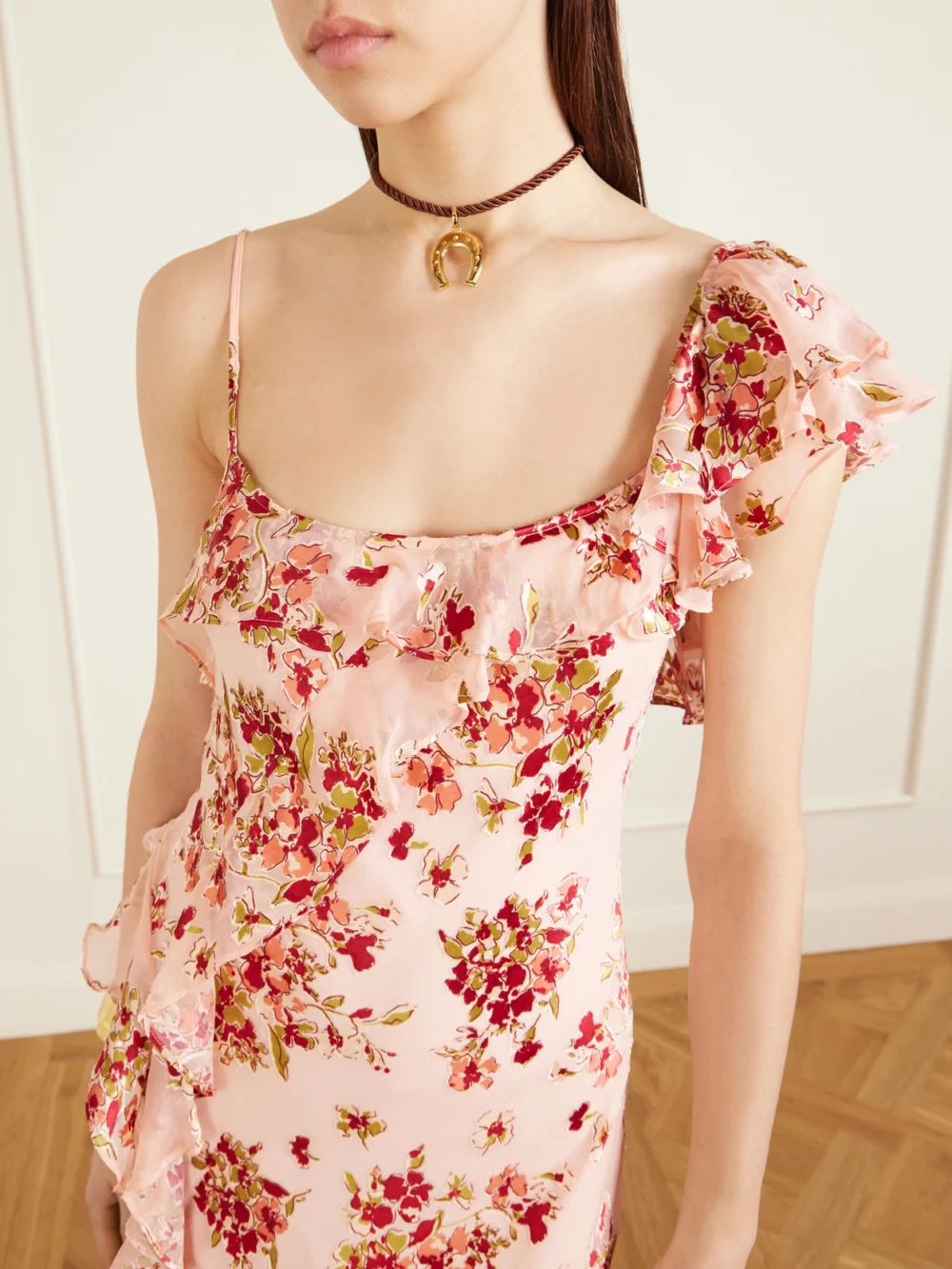 Close-up detail of the Rixo Asymmetric Floral-print Chiffon and Dévoré-velvet Maxi Dress