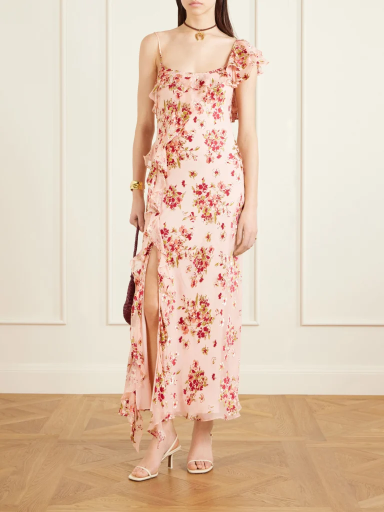 Rixo Asymmetric Floral-print Chiffon and Dévoré-velvet Maxi Dress