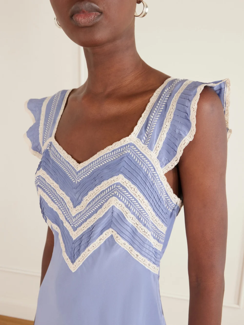 Close-up detail of the Rixo Bailee Crochet-trimmed Silk-crepe De Chine Midi Dress
