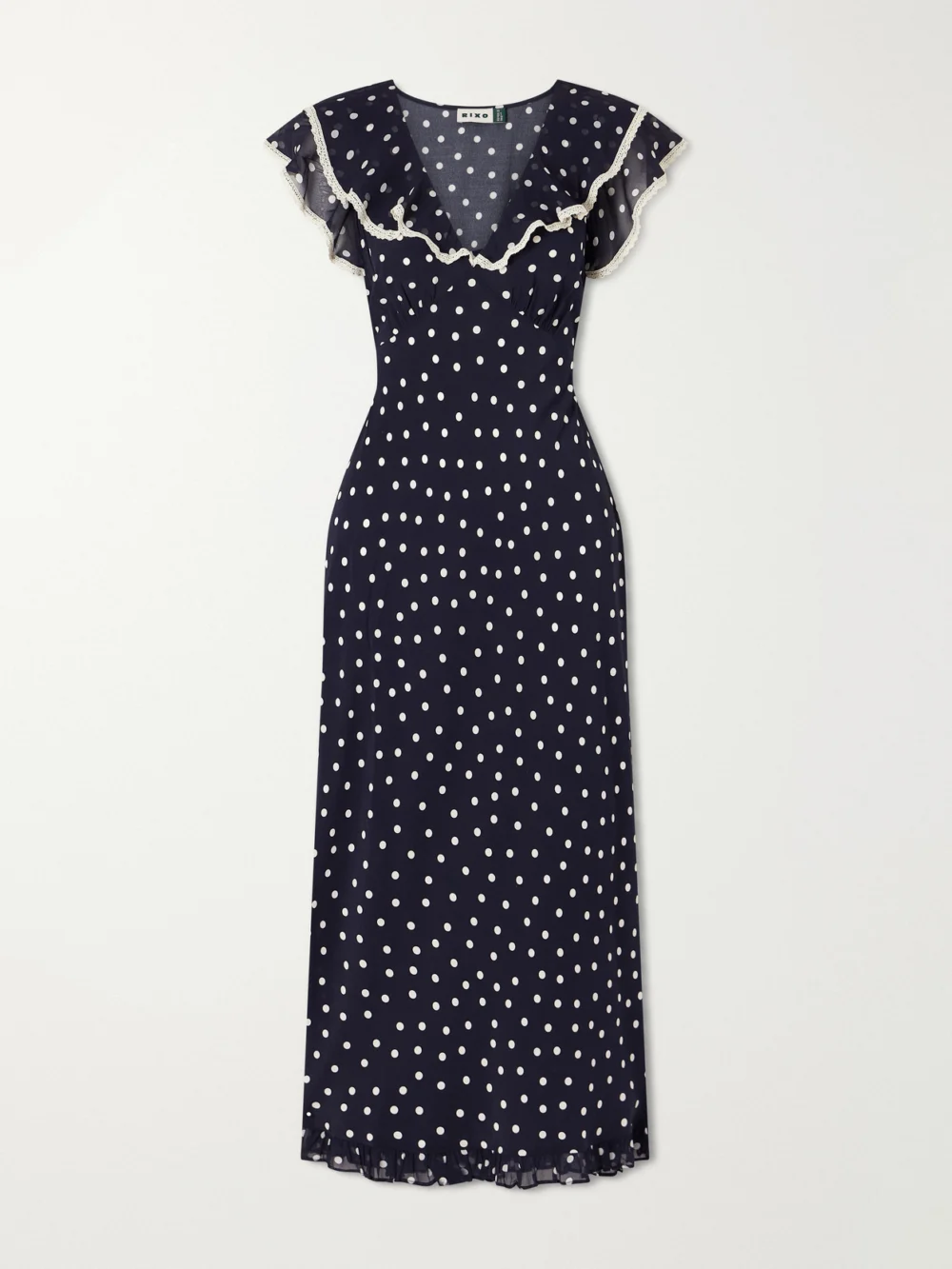 Rixo Bethea Crochet-trimmed Polka-dot Crepe Midi Dress in navy