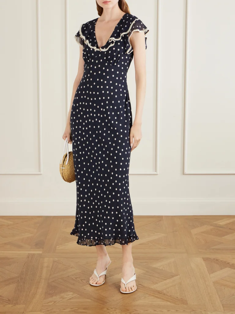 Rixo Bethea Crochet-trimmed Polka-dot Crepe Midi Dress