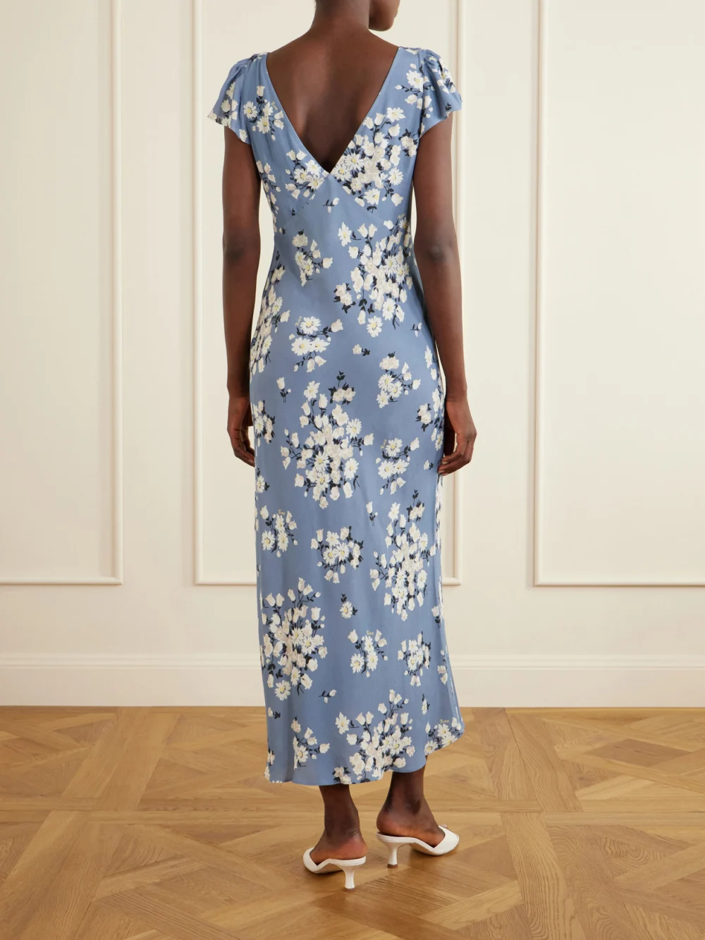 Back view of the Rixo Cathy Floral-print Crepe Midi Dress