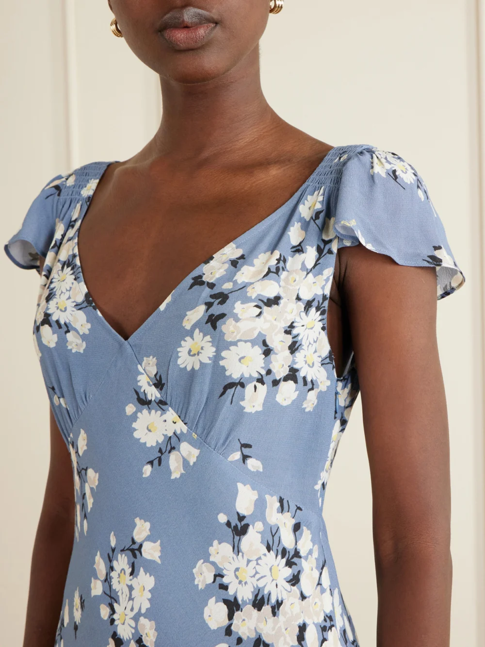 Close-up detail of the Rixo Cathy Floral-print Crepe Midi Dress