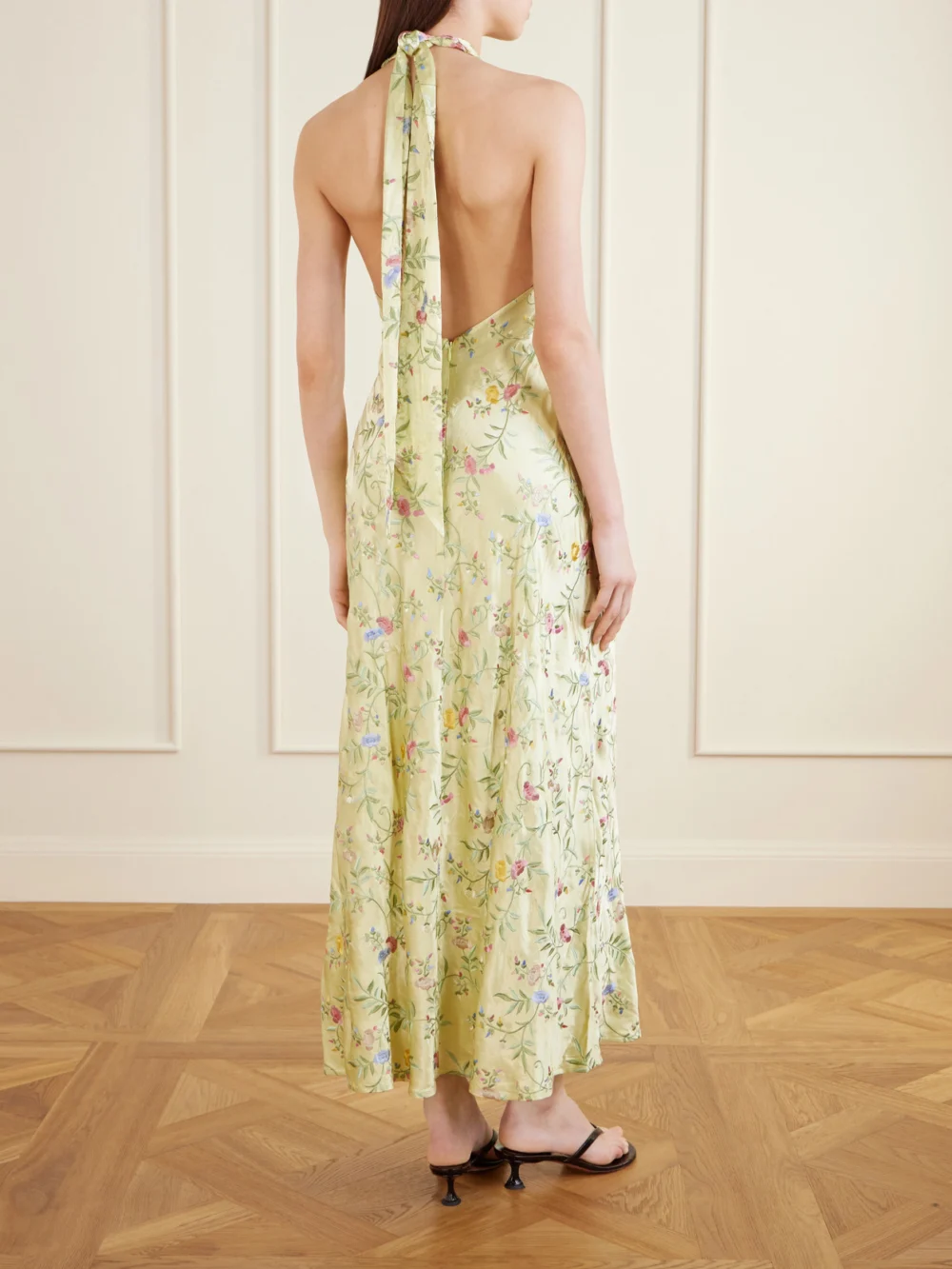Back view of the Rixo Dune Floral-embroidered Satin Maxi Dress