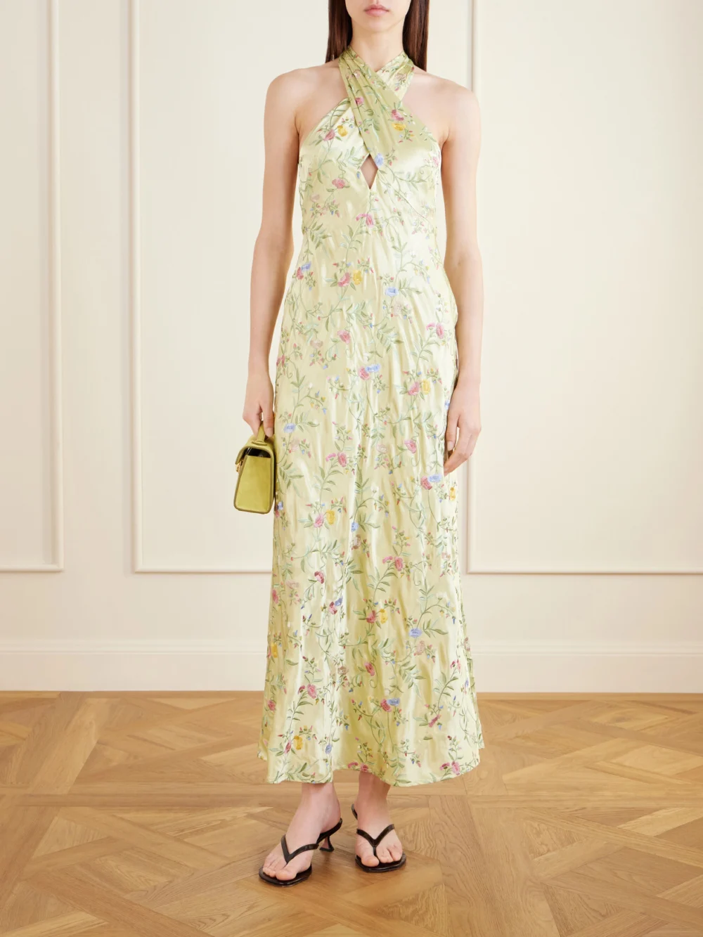 Rixo Dune Floral-embroidered Satin Maxi Dress, worn by a model