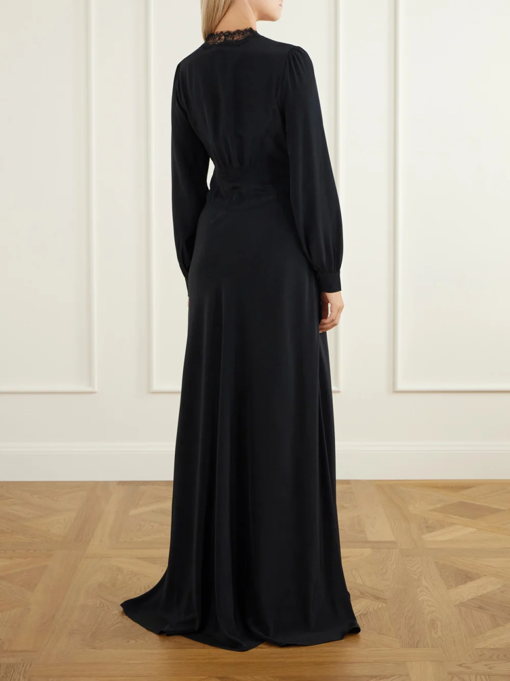 Back view of the Rixo Emory Lace-trimmed Silk-crepe De Chine Maxi Dress