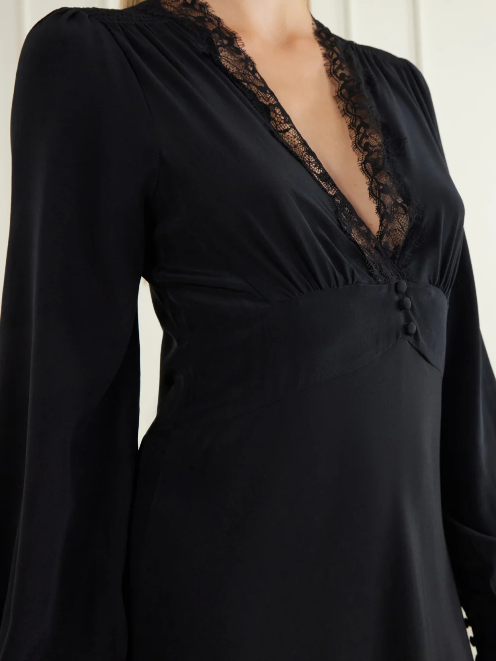 Close-up detail of the Rixo Emory Lace-trimmed Silk-crepe De Chine Maxi Dress