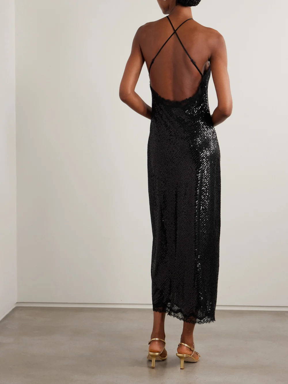 Back view of the Rixo Harlan Lace-trimmed Sequined Tulle Halterneck Midi Dress