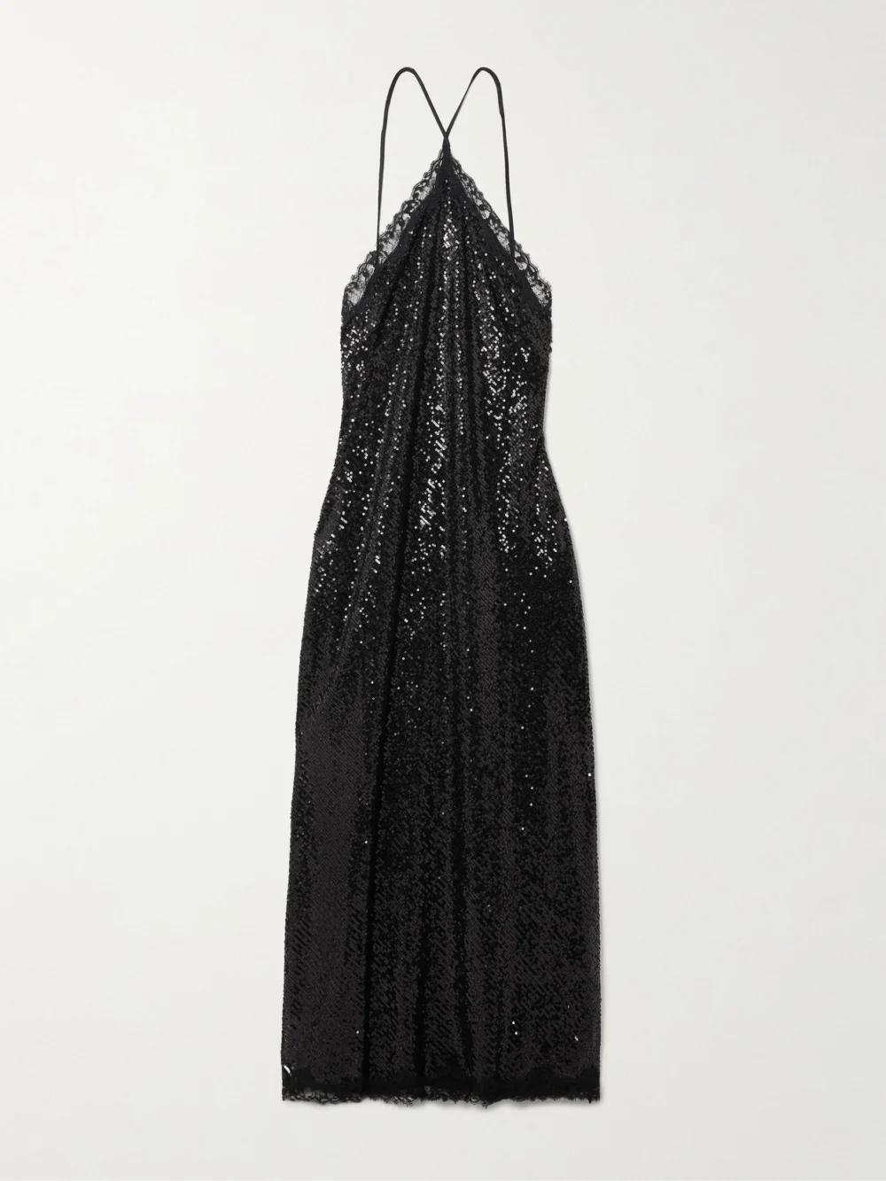 Rixo Harlan Lace-trimmed Sequined Tulle Halterneck Midi Dress in black