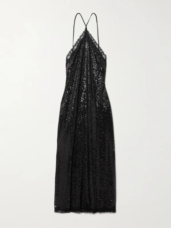 Rixo Harlan Lace-trimmed Sequined Tulle Halterneck Midi Dress