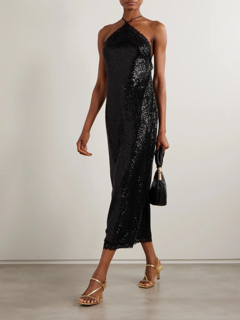 Rixo Harlan Lace-trimmed Sequined Tulle Halterneck Midi Dress