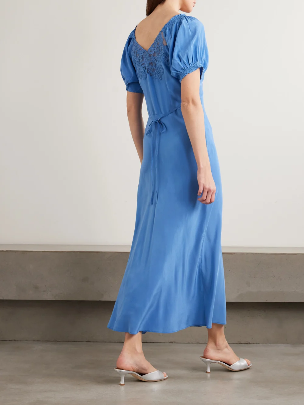 Back view of the Rixo Ilaria Lace-trimmed Silk Midi Dress