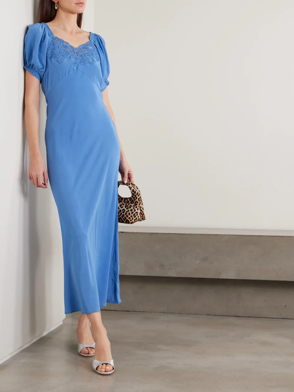 Rixo Ilaria Lace-trimmed Silk Midi Dress, worn by a model