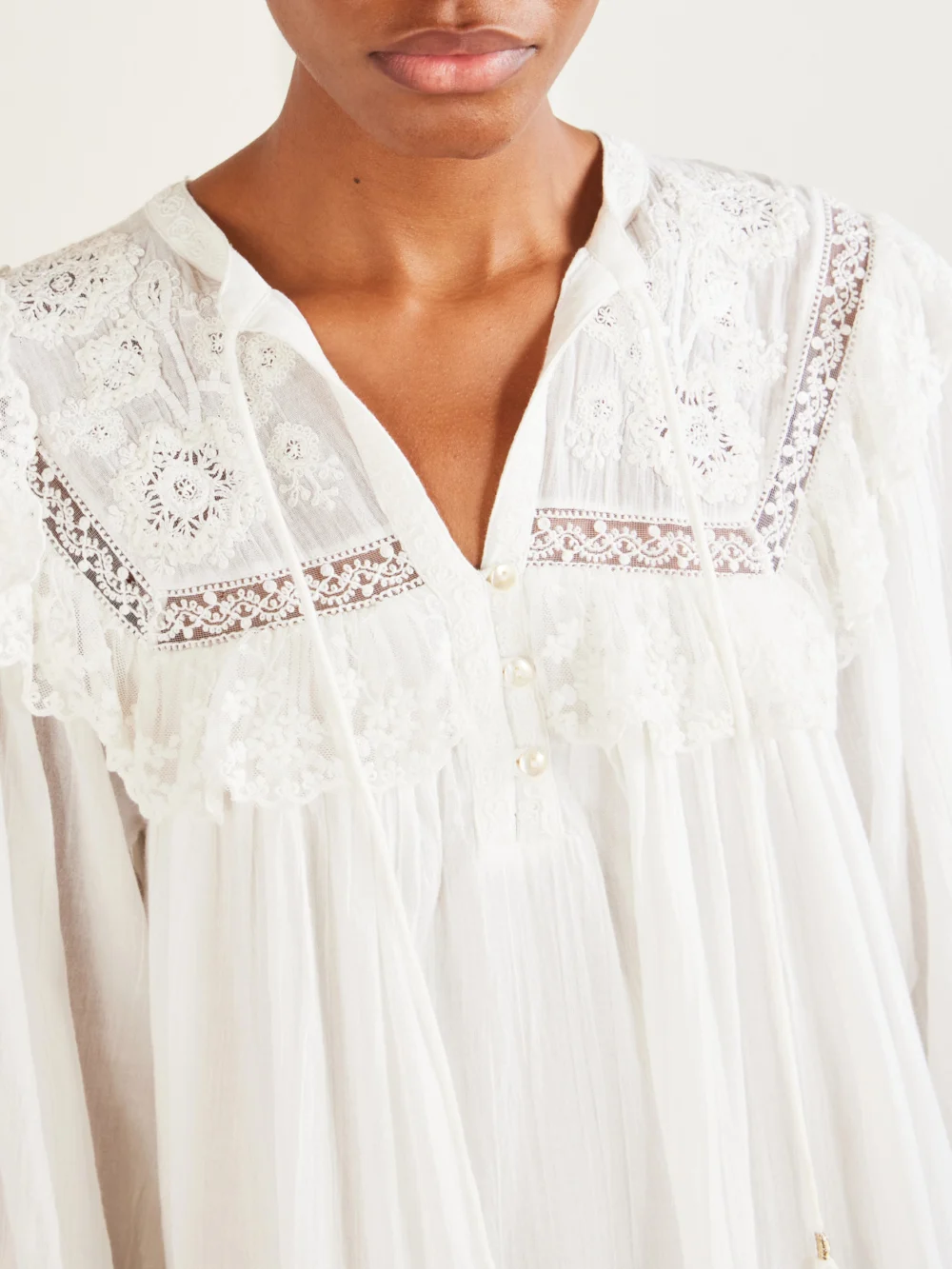 Close-up detail of the Rixo Inez Floral-embroidered Lace-trimmed Cotton Mini Dress