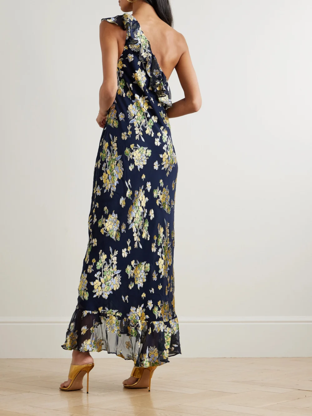 Back view of the Rixo Leon One-shoulder Ruffled Devoré-velvet Chiffon Maxi Dress