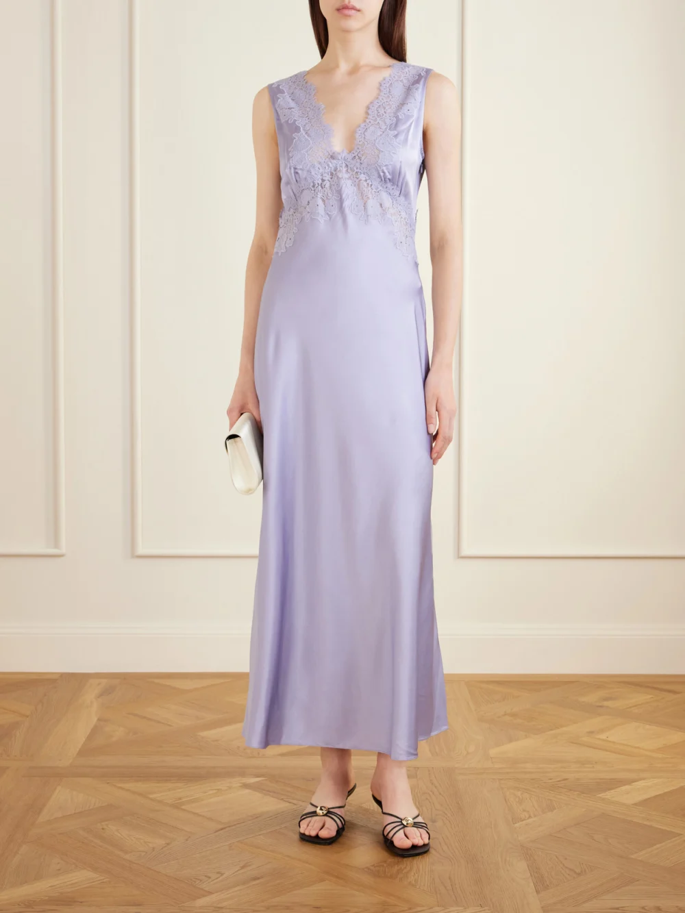 Rixo Lysandra Lace-trimmed Satin Maxi Dress, worn by a model