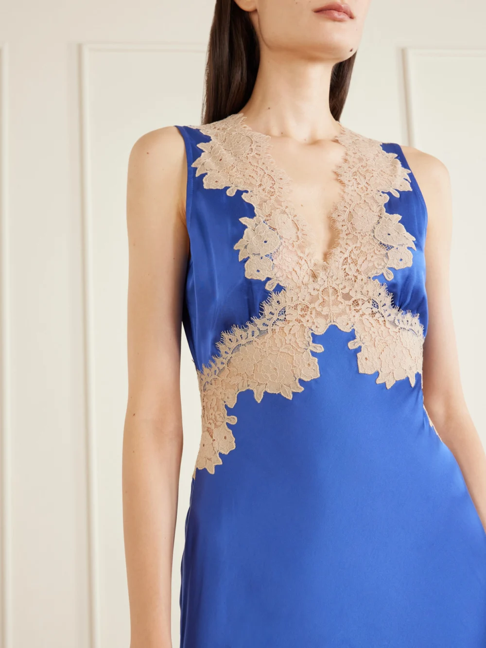 Close-up detail of the Rixo Lysandra Lace-trimmed Satin Midi Dress