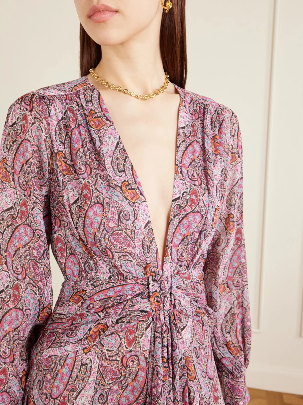 Close-up detail of the Rixo Meera Gathered Paisley-print Chiffon Maxi Dress
