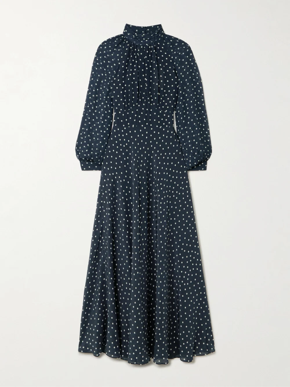 Rixo Paige Belted Polka-dot Silk-chiffon Mock-neck Midi Dress in navy