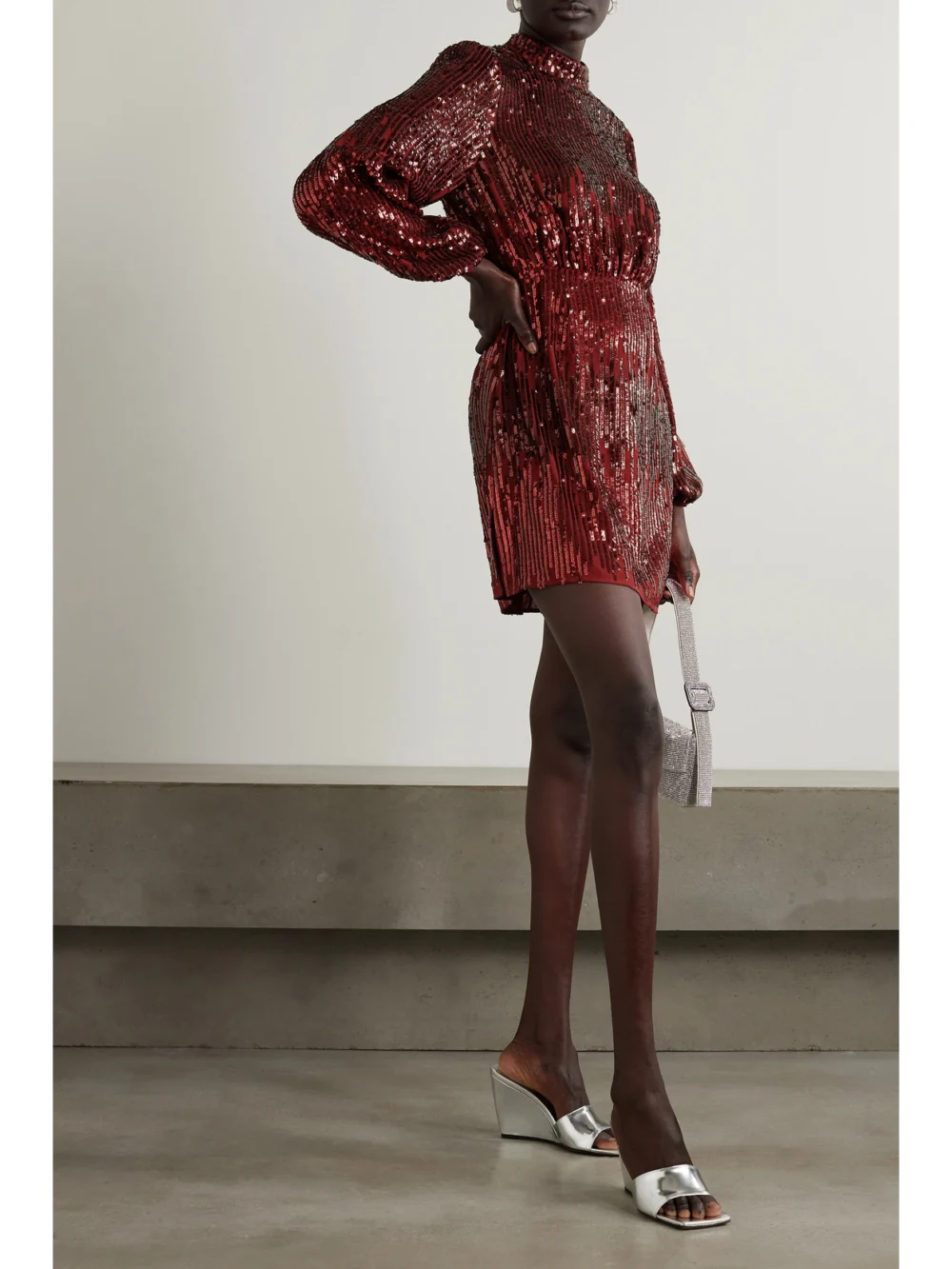 Rixo Samantha Sequined Crepe Mini Dress, worn by a model