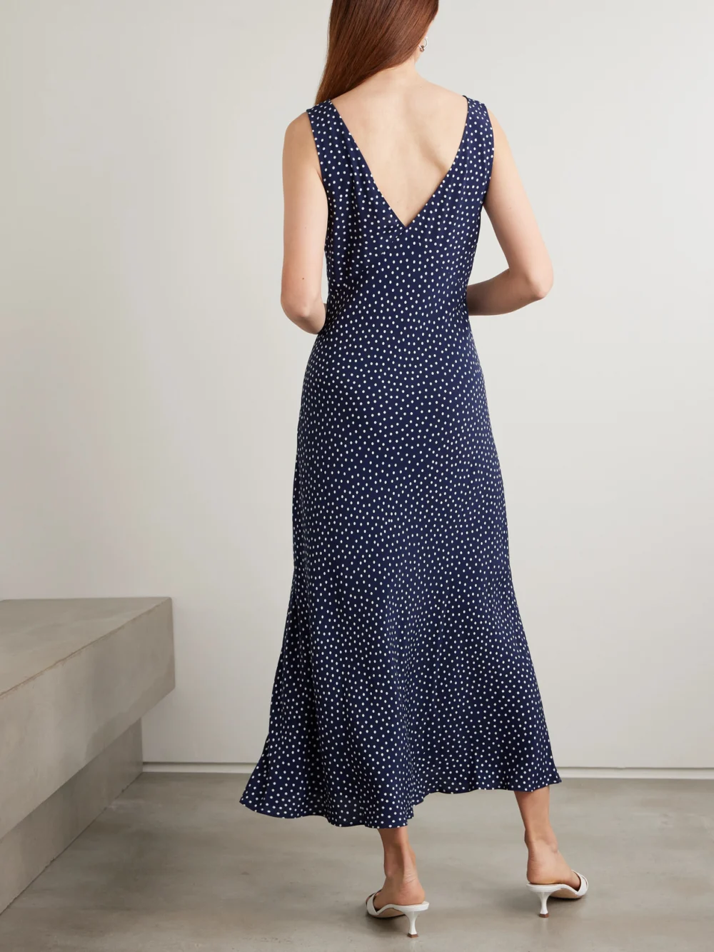 Back view of the Rixo Sandrine Polka-dot Crepe Midi Dress