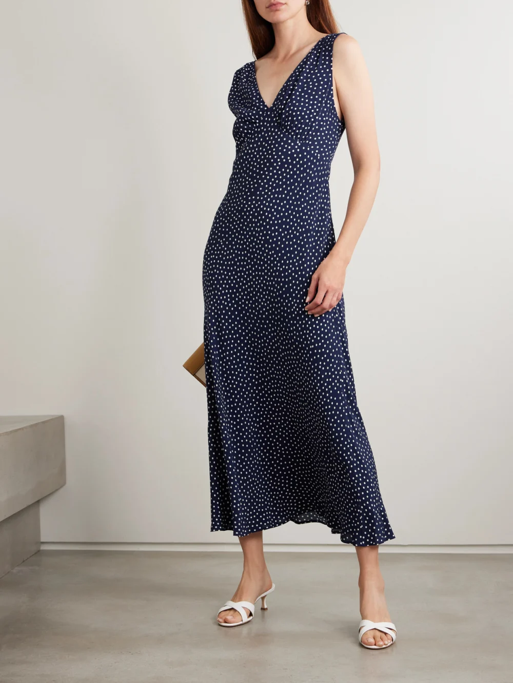 Rixo Sandrine Polka-dot Crepe Midi Dress, worn by a model