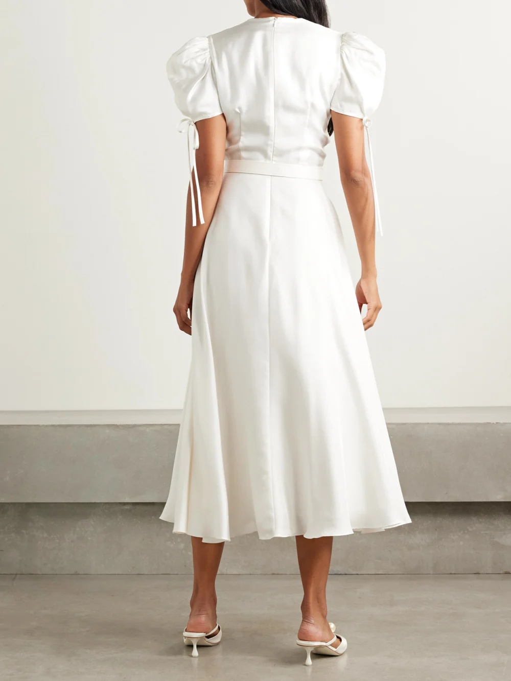 Back view of the Rodarte Appliquéd Belted Silk-twill Midi Dress