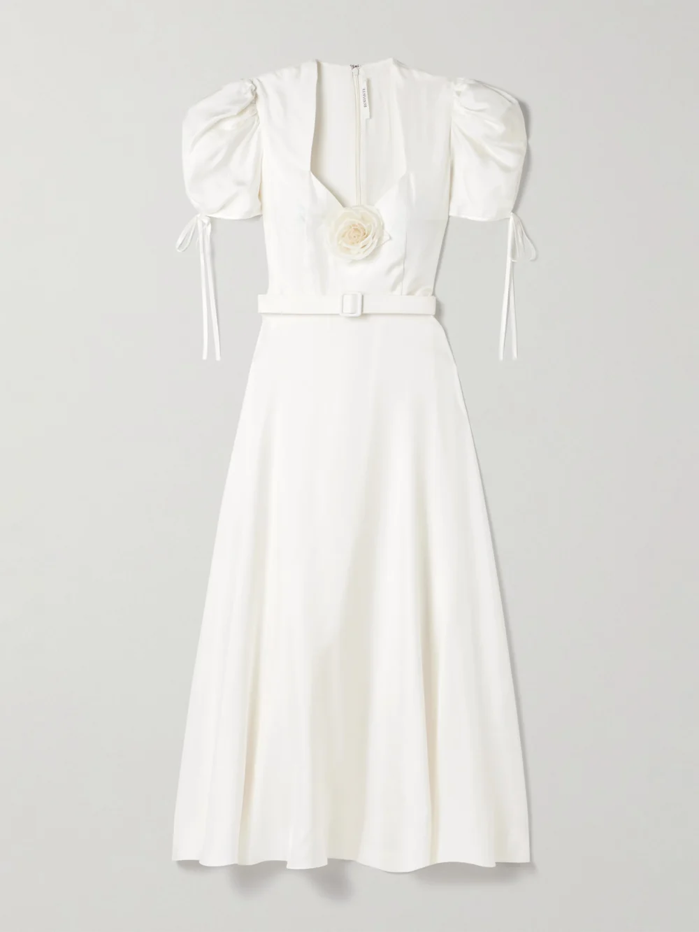 Rodarte Appliquéd Belted Silk-twill Midi Dress in white