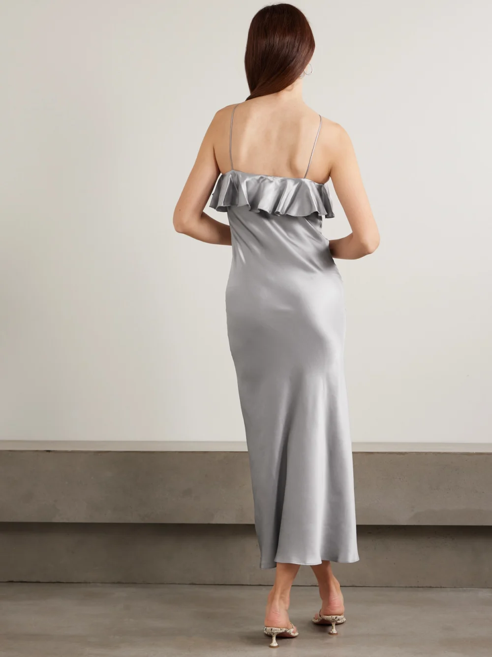Back view of the Rodarte Appliquéd Ruffled Silk-satin Halterneck Midi Dress