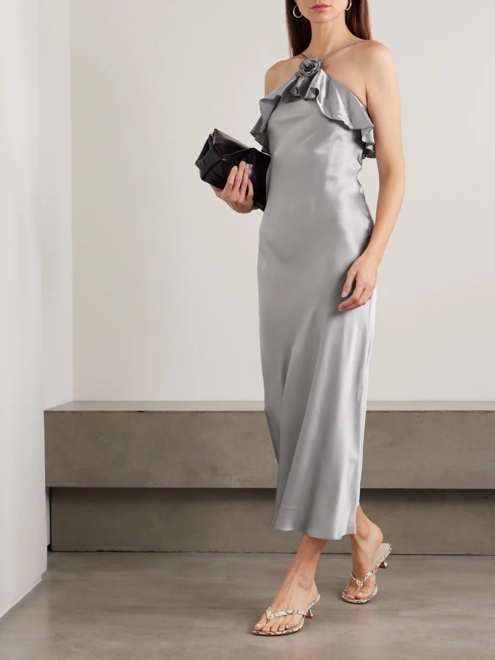 Rodarte Appliquéd Ruffled Silk-satin Halterneck Midi Dress, worn by a model