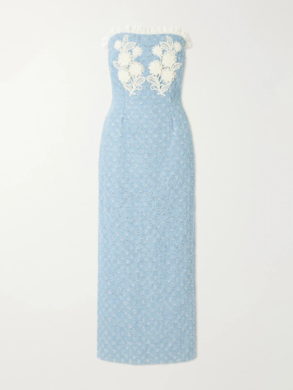 Rodarte Appliquéd Sequin-embellished Lace-trimmed Denim Midi Dress in blue