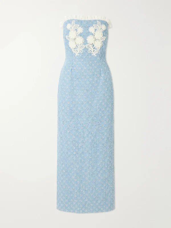 Rodarte Appliquéd Sequin-embellished Lace-trimmed Denim Midi Dress