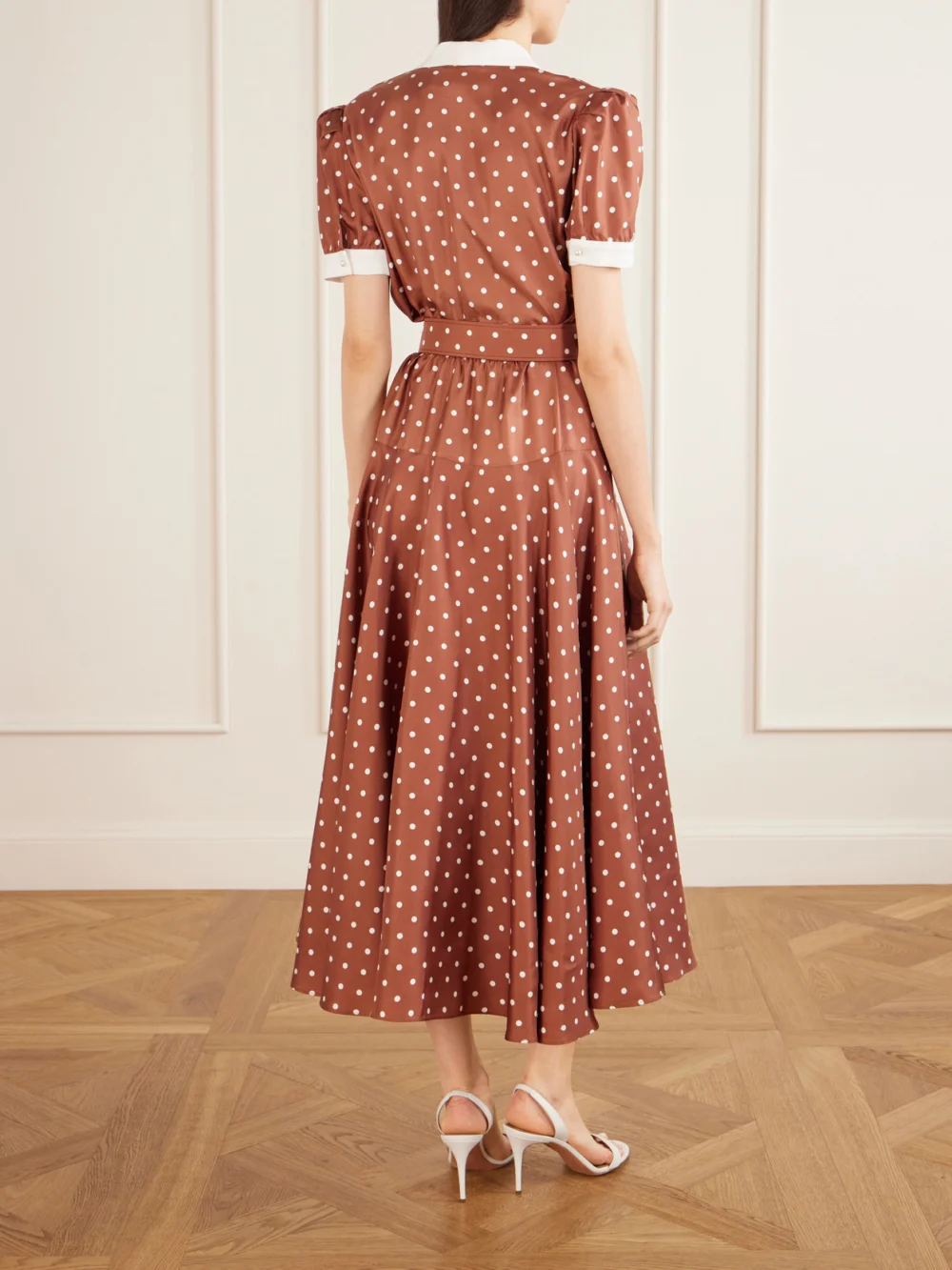 Back view of the Rodarte Belted Pleated Polka-dot Crepe-trimmed Silk-twill Midi Dress