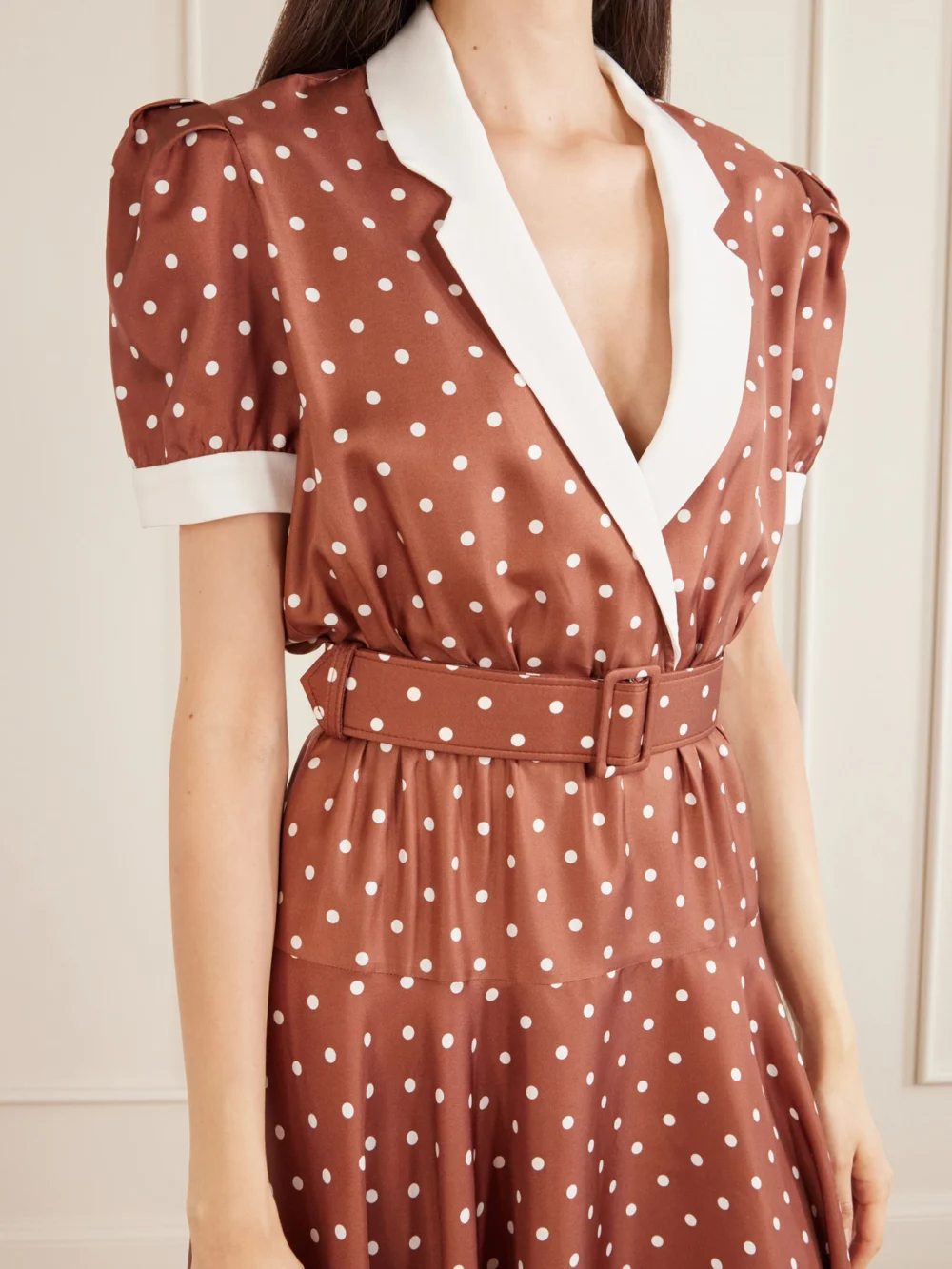 Close-up detail of the Rodarte Belted Pleated Polka-dot Crepe-trimmed Silk-twill Midi Dress